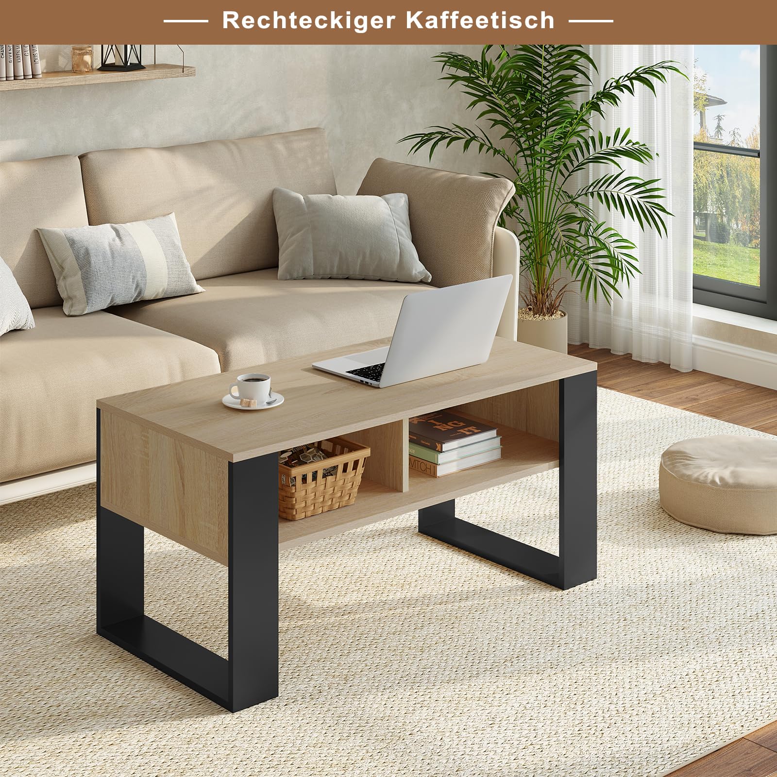 WOLTU Couchtisch mit Stauraum, Beistelltisch fürs Wohnzimmer, Wohnzimmertisch modern, rechteckiger Kaffeetisch Sofatisch, 2 offene Fächer, helle Eiche Schwarz, BTS16hei