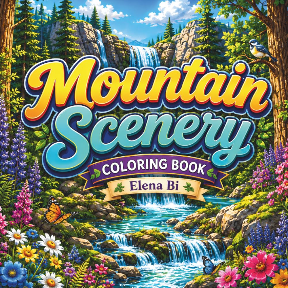 Mountain Scenery coloring book: A Relaxing Journey Through Majestic Peaks, Forests, Lakes & Waterfalls