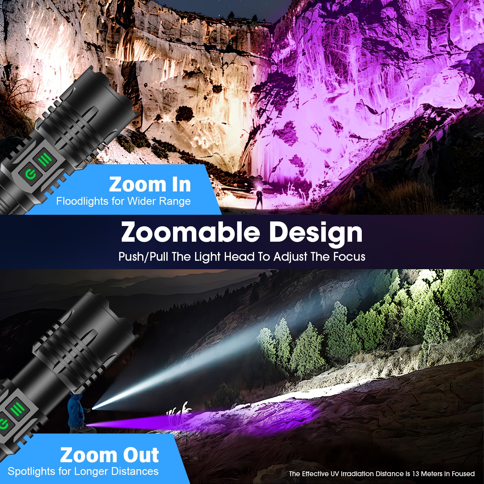 Linterna recargable con luz negra UV y lúmenes altos, potentes linternas de luz negra para detección de orina de mascotas, curado de resina, escorpión, linterna LED táctica impermeable con zoom