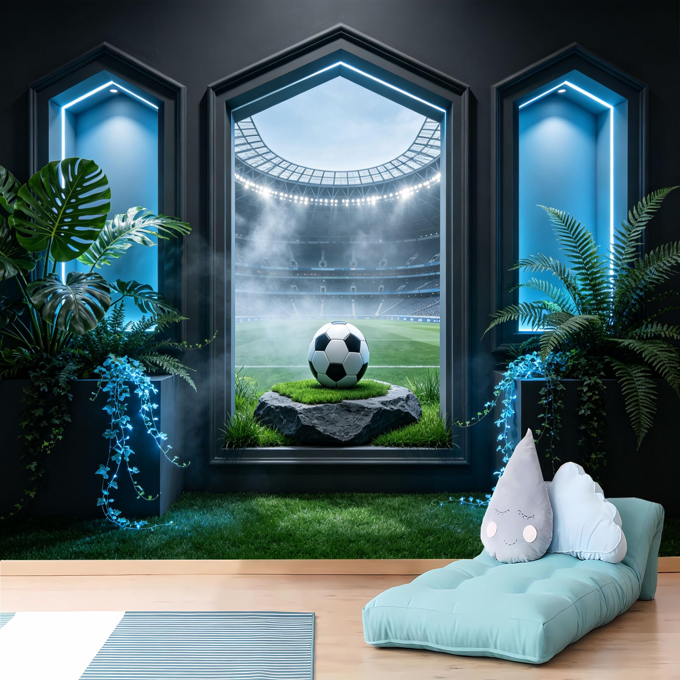 Custom Size Wall Murals 3D Soccer Stadium View Through Dark Framed Neon Windows Wall Murals Self-Adhesive Wall Fabric (NO PVC) Removable Wallpaper for Boys Room