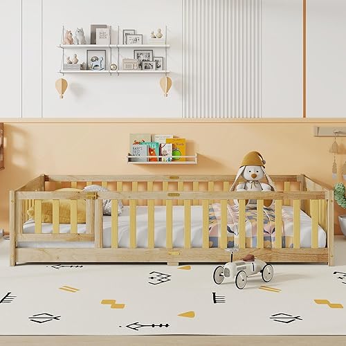 Miniatura 116 de Harper & Bright Designs Cama de suelo tamaño Queen con valla y puerta, marco de cama Montessori de madera para niños, niñas, listones incluidos, no