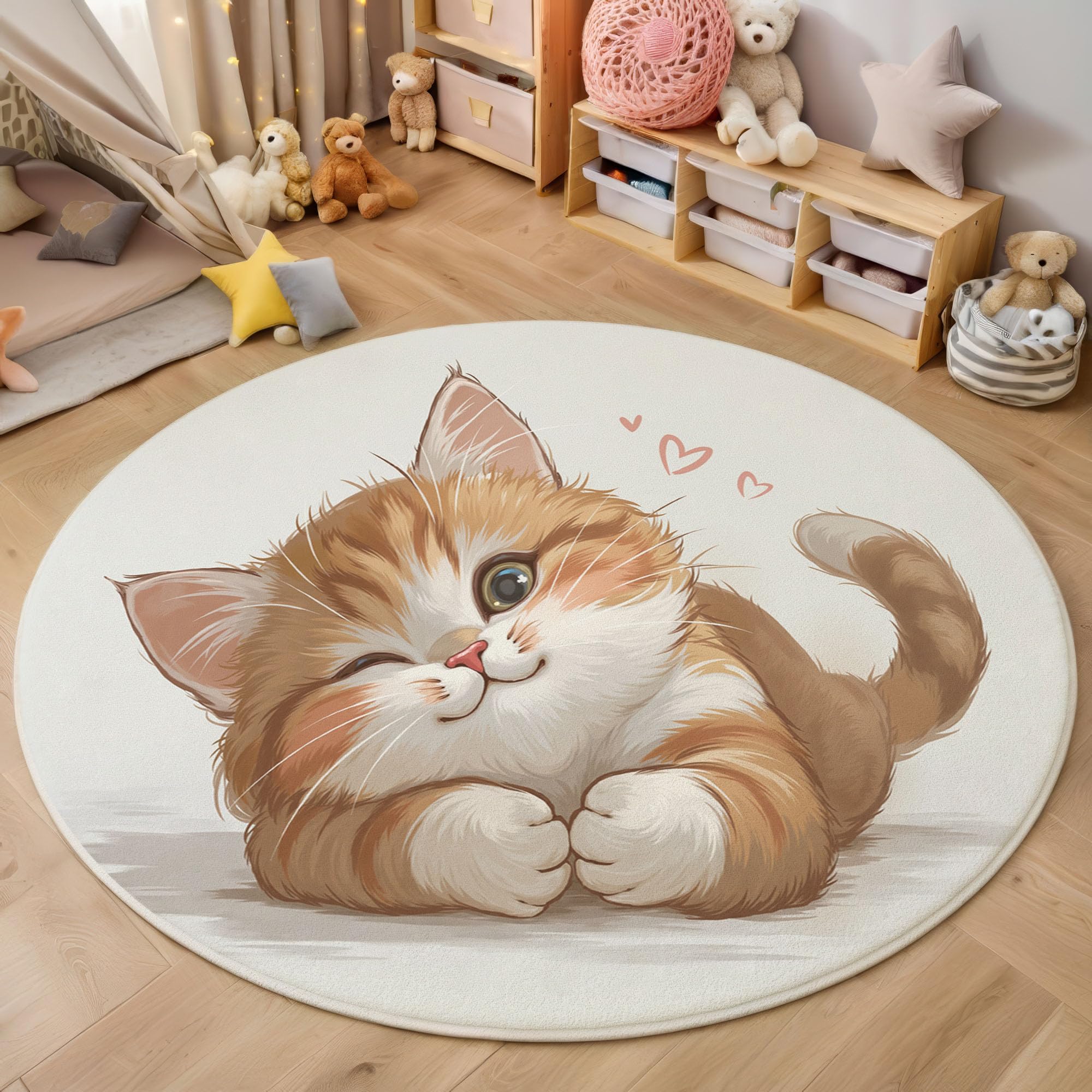 Tapis de chambre d'enfant chat beige 180 cm doux lavable