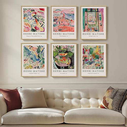 Framed Matisse Wall Art for Living Room, 6 Pieces Abstract Colorful Canvas Artwork for Walls, Henri Matisse Vintage Boho Landscape Pictures for Bedroom, Dining Room, Hallway, Home Office Decor 11x14