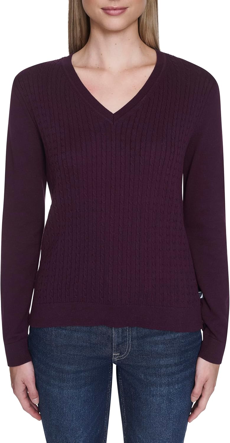 Nautica Womens Long Sleeve Cable V-Neck Sweater
