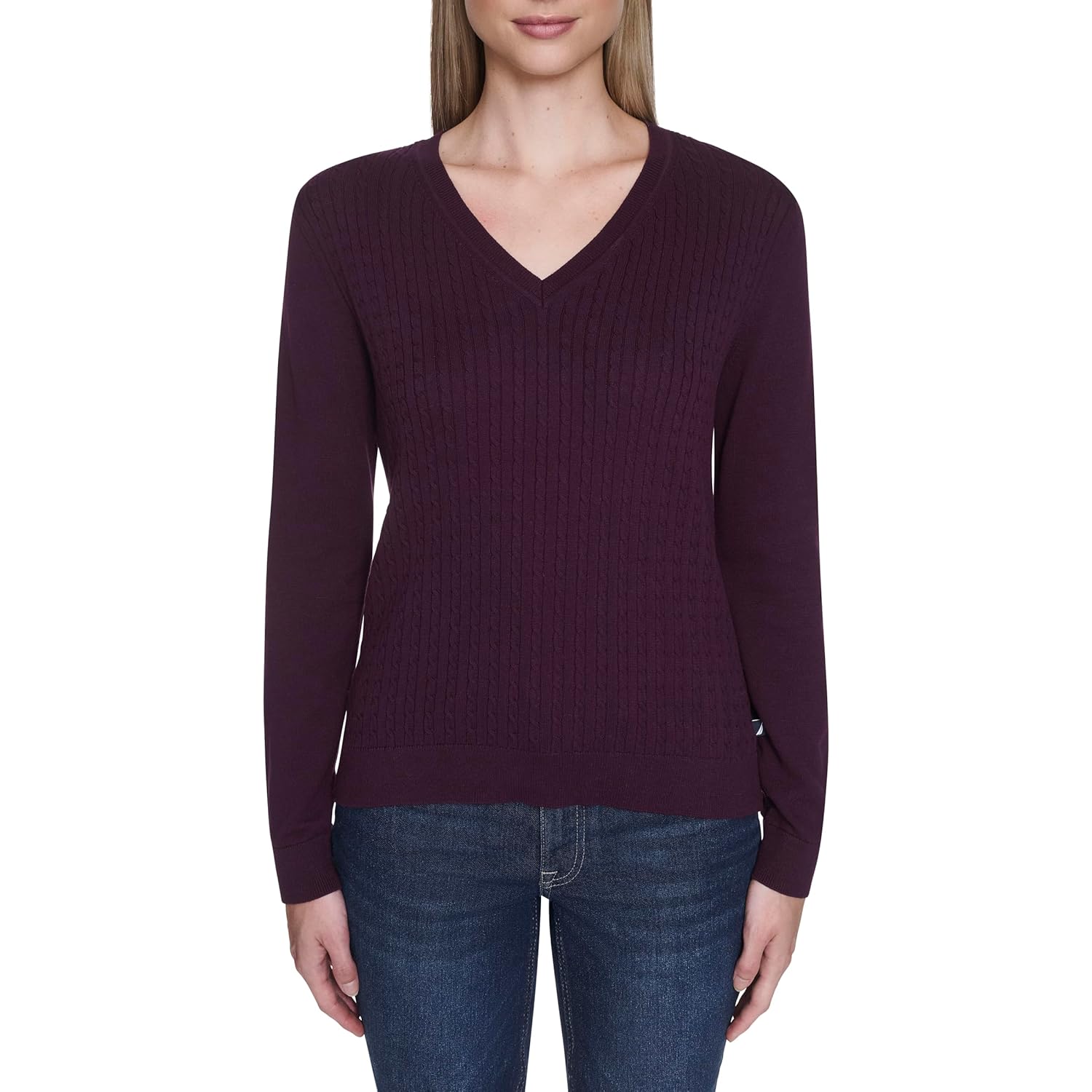 Nautica Womens Long Sleeve Cable V-Neck Sweater