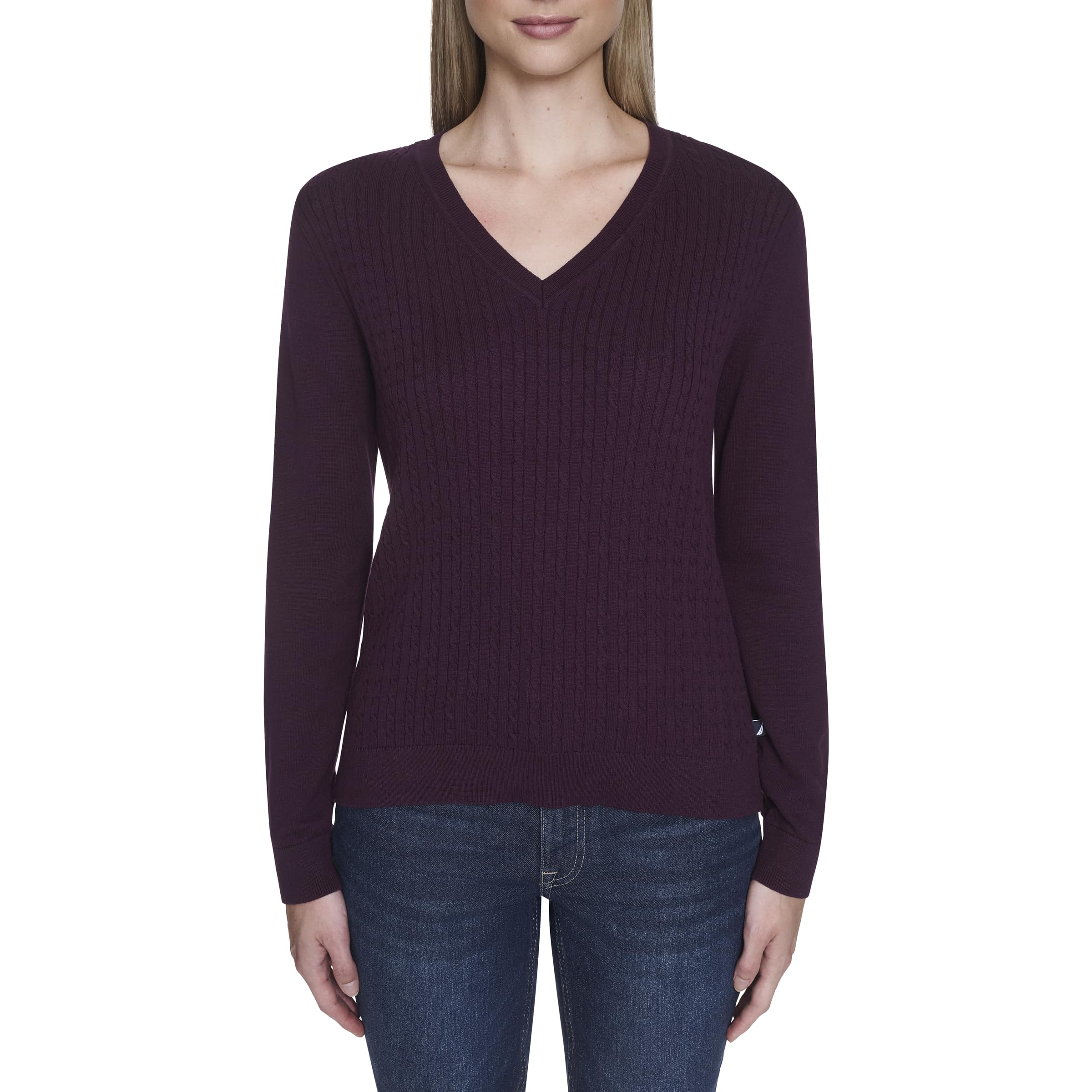 Nautica Womens Long Sleeve Cable V-Neck Sweater