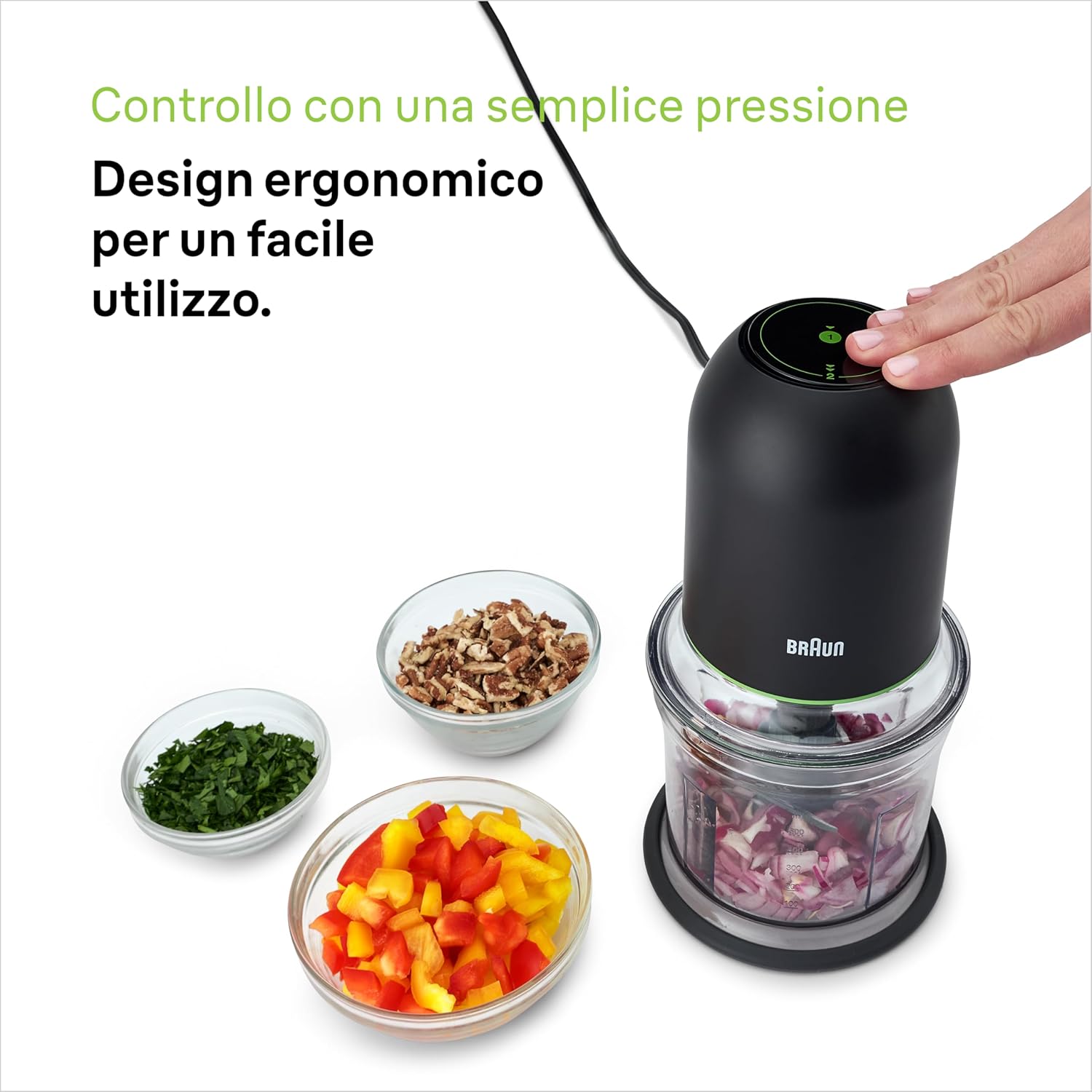 Hand pressing the control button on Braun MultiPractic 3 CH3011BK Chopper