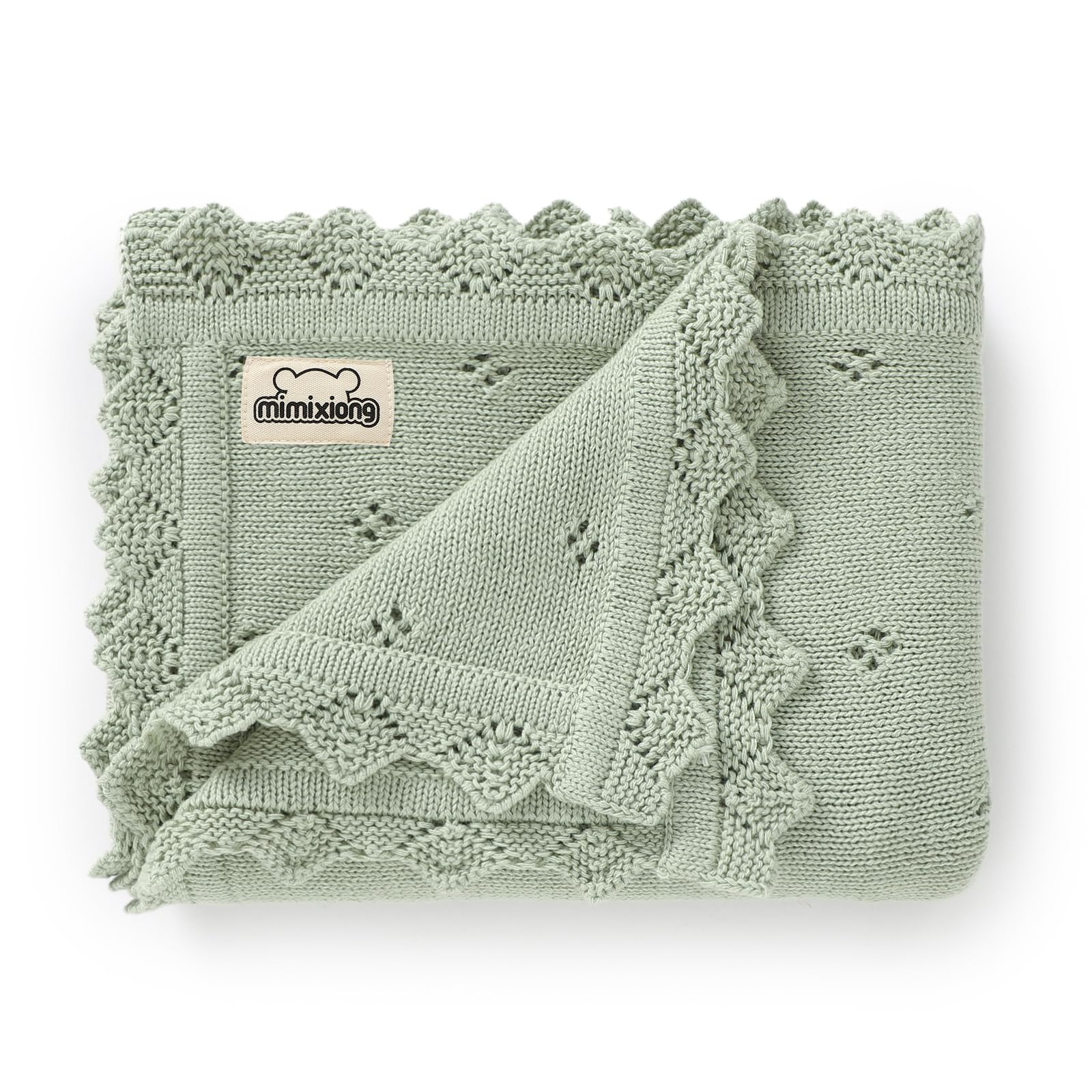 mimixiong Cotton Baby Blanket Knitted Crochet Receiving Crib Nursery Swaddling Blankets for Newborn Baby Boy Girl Sage Green 30x40 Inch