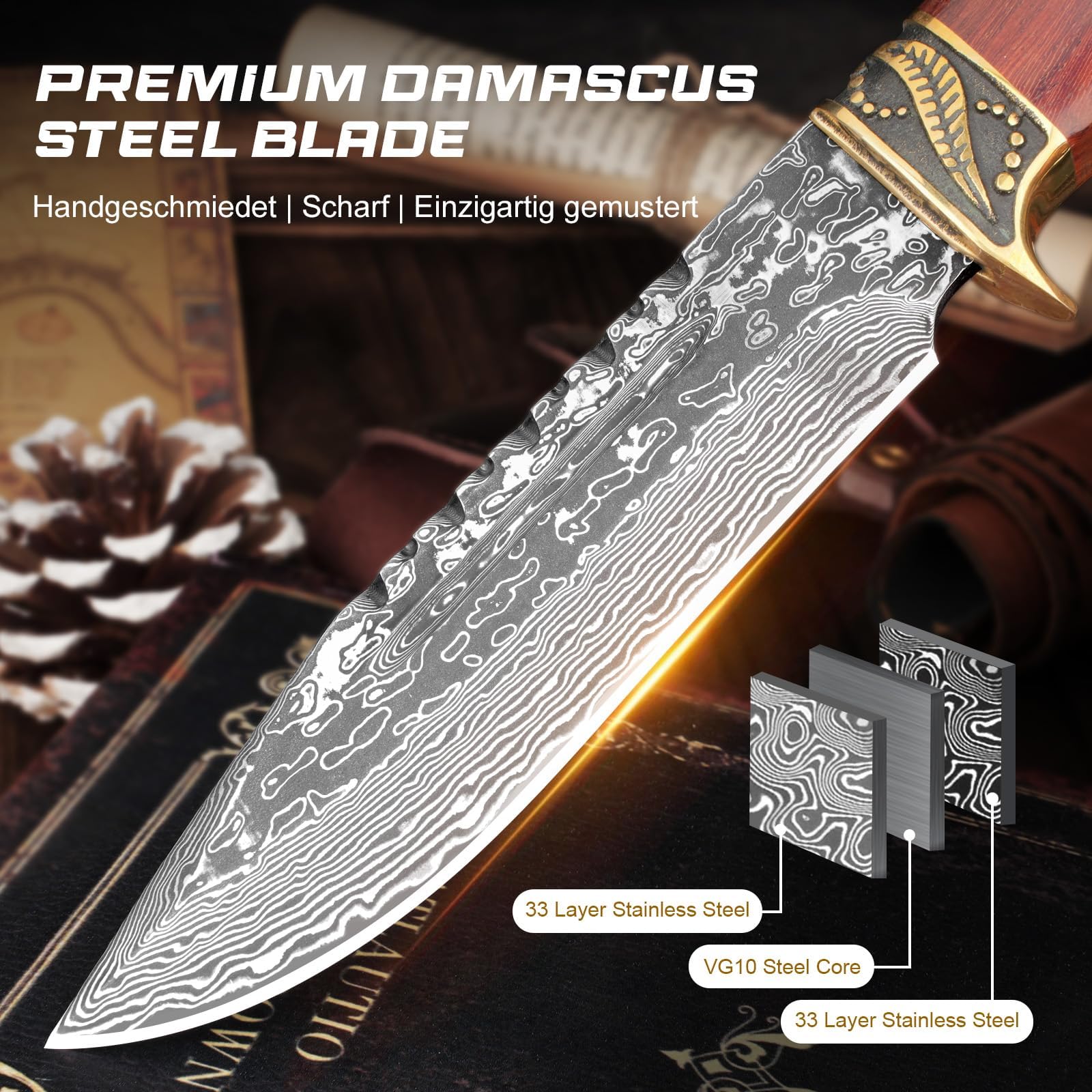 DRACHENADER Jagdmesser – 67 Lagen Vg10 Damaststahl, Handgeschmiedet, 14,7 cm Feststehende Klinge Messer, Outdoor Survival Gürtelmesser mit Lederscheide und Holzgriff (B- Damast Stahl Klinge)