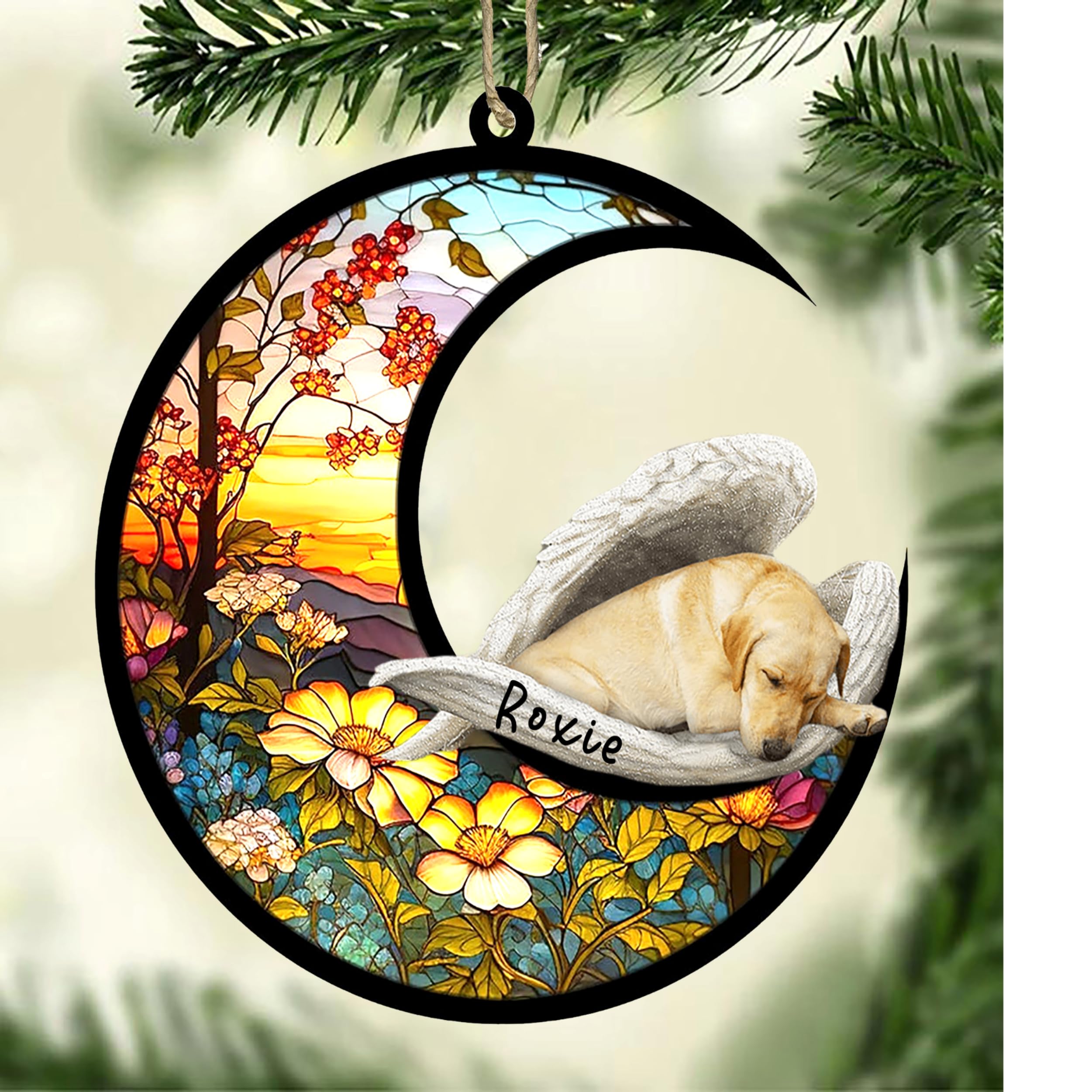 Personalized Yellow Labrador Dog Memorial Suncatcher, Yellow Labrador Christmas Ornament with Name, Pet Loss Catcher, Gifts for Dog Lovers Loss of Dog, Yellow Labrador Sleep on Haven