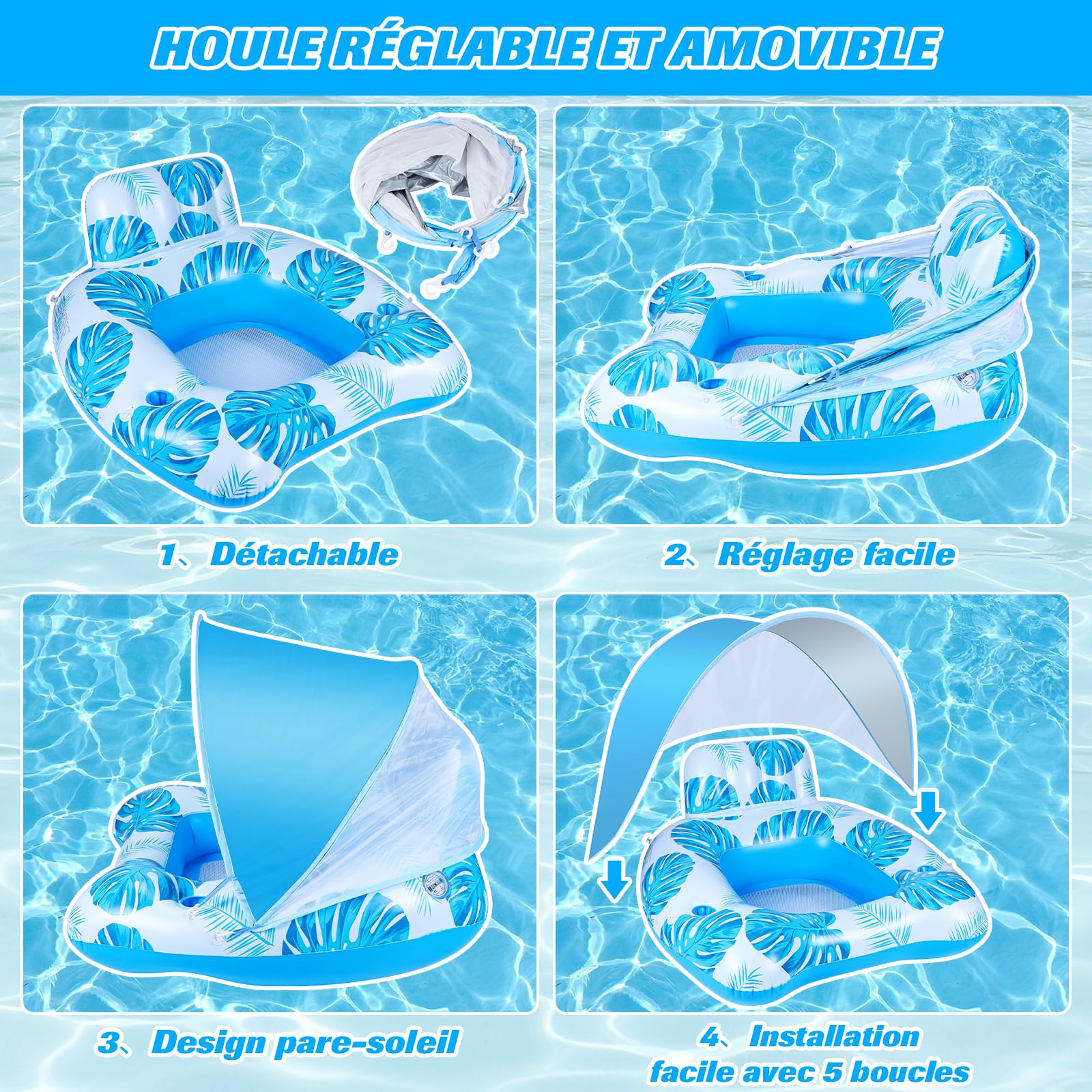 Bouée Piscine Adulte Avec Auvent Réglable – Lumière LED, Porte-gobelet, Hamac Flottant, UV50+