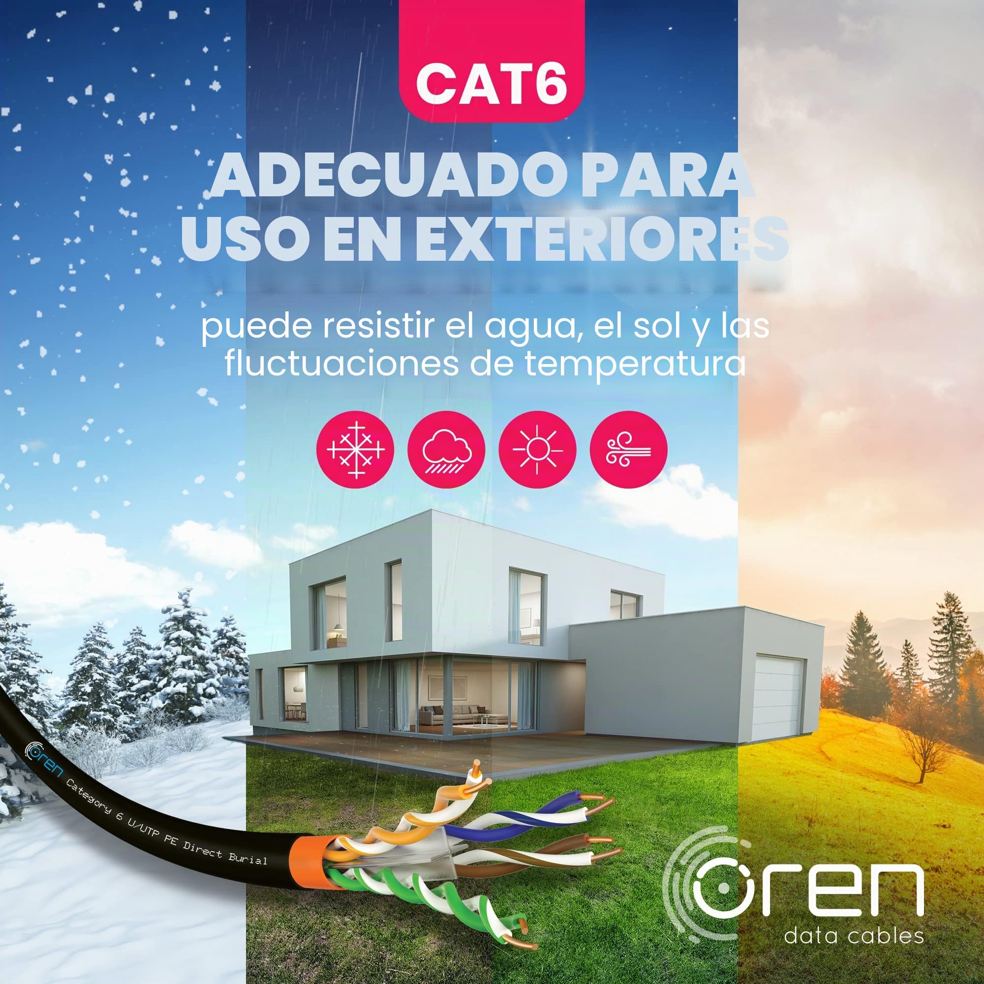 Oren CAT6 50m Cable Ethernet Para Exteriores - Entierro Directo - Cable de Cobre Puro 23 AWG- Cable de Red LAN de Internet UTP de 400 MHz de Ancho de Banda - Libre de Halógenos, No Corrosivo - Gigabit