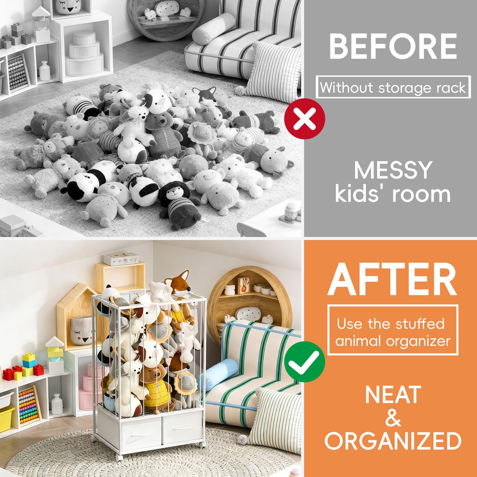 Large Stuffed Animal Storage Tower - Metal Stuffy Zoo with 2 Fabric Drawers & Wheels, Kids Toy Organizers and Storage for Nursery, Playroom & Bedroom (White) - 5