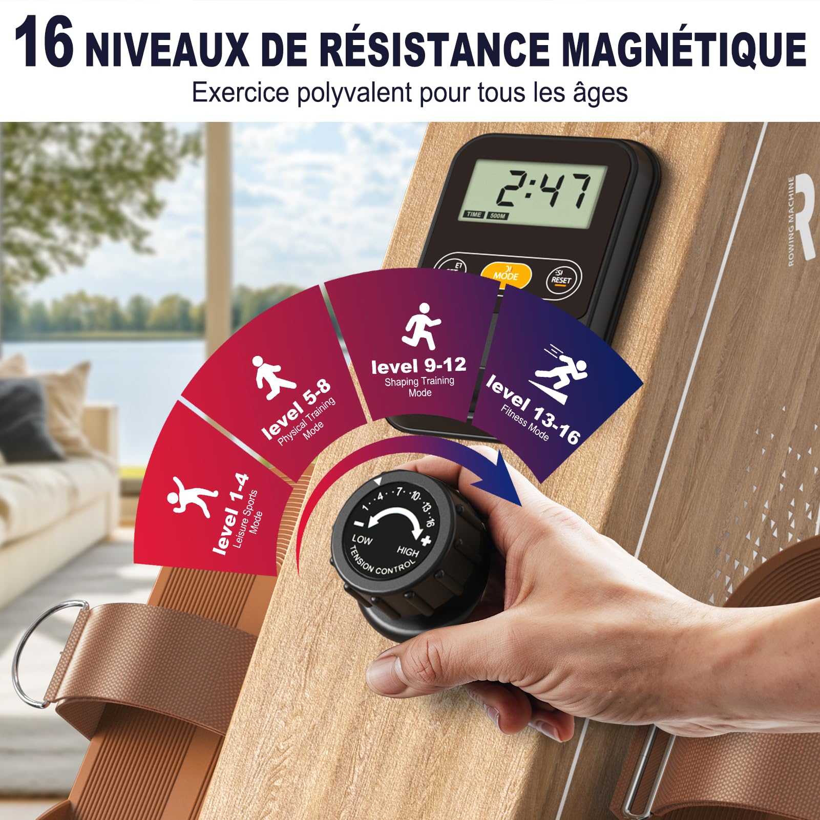 Rameur pour la maison OR3, rameur magnétique avec moniteur Bluetooth, 16 niveaux de résistance, rameur compact avec capacité de charge de 150 kg, rangement vertical