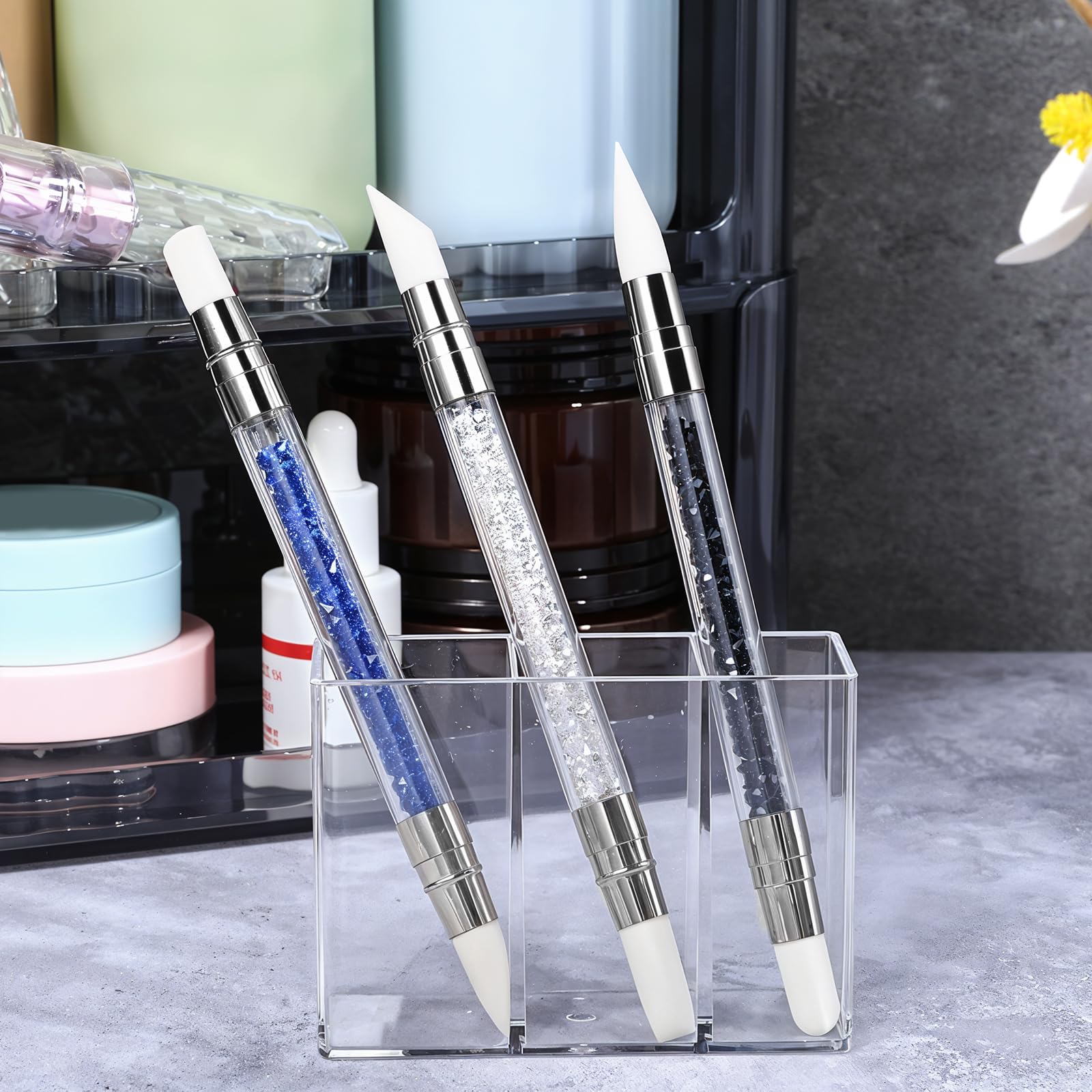 Silikonowe narzędzie do zdobienia paznokci, podwójna końcówka, silikonowa szczotka do paznokci, kryształ górski, do manicure, rzeźbienia, żelu, kształtowania, rysowania, folii, 3 szt