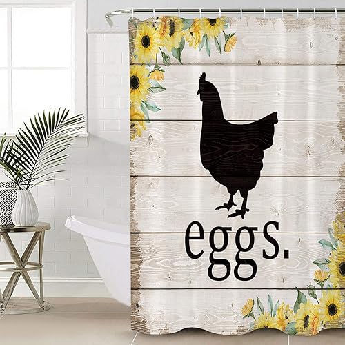 Cortina de ducha de pollo con girasol en tablones de madera rústica juego de cortina de ducha de tela impermeable con 12 ganchos de plástico