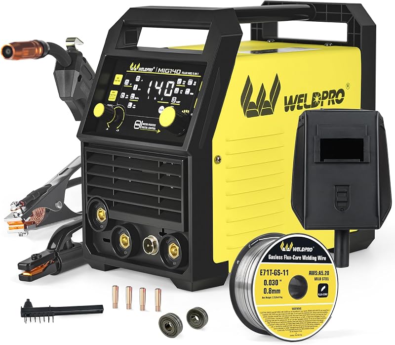 Soldador WELDPRO 140A MIG 110/220V, 2026 El más nuevo soldador de núcleo fundente 5 en 1, sinérgico/espesor sin gas MIG/Lift TIG/MMA/máquina de soldadura por puntos, soldador inversor IGBT con pantalla digital LED grande, 2T/4T