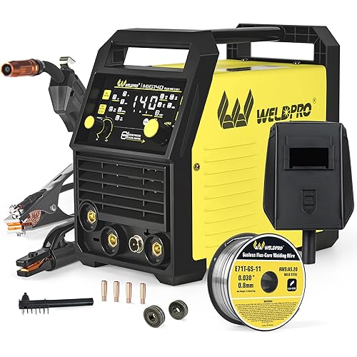 WELDPRO 140A MIG Welder 110/220V, 2026 Newest 5-in-1 Flux Core Welder, Synergic/Thickness Gasless MIG/Lift TIG/MMA/Spot Welding Machine, IGBT Inverter Welder with Large LED Digital Display, 2T/4T