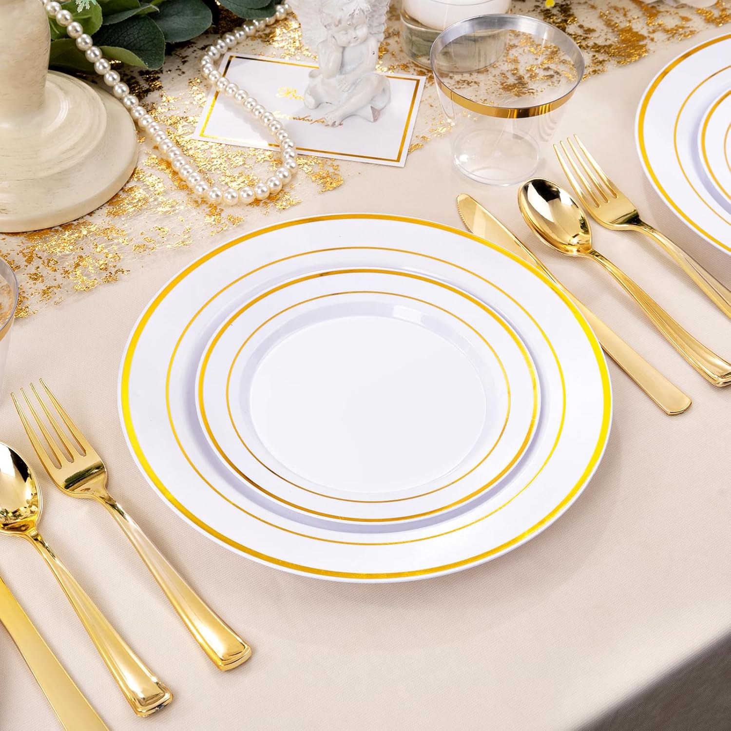 bUCLA 300PCS Gold Disposable Dinnerware Set - White and Gold Plastic Plates - Include 50 Each (Dinner&Dessert) Plates,50 Knives,50 Forks,50 Spoons,50 Cups for Party