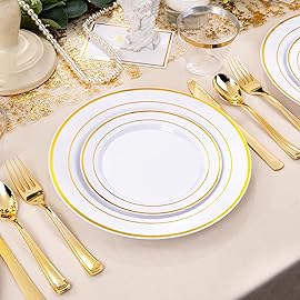 bUCLA 300PCS Gold Disposable Dinnerware Set - White and Gold Plastic Plates - Include 50 Each (Dinner&Dessert) Plates,50 Knives,50 Forks,50 Spoons,50 Cups for Party