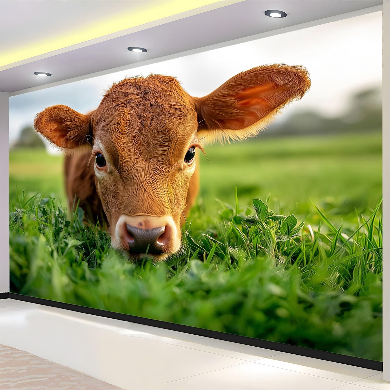 Naturalna tapeta śliczna cielę tapeta z włókniny mural dekoracja ścienna 250 x 175 cm nowoczesna dekoracja salon sypialnia salon sypialnia biuro zielony brązowy