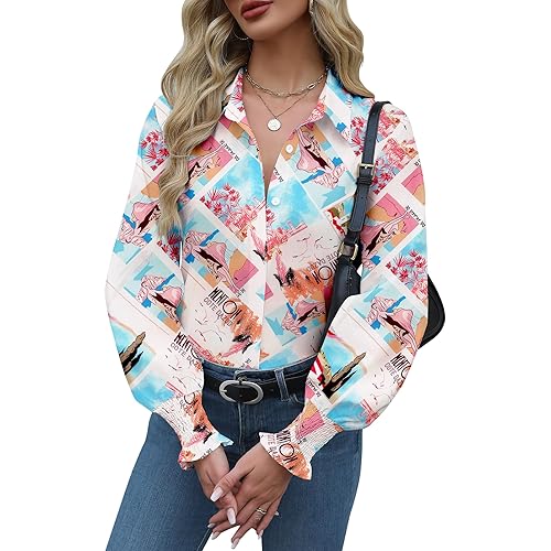 Zeagoo Womens Button Down Shirts Smocked Cuffed Blouses Printed Lantern Shirt Long Sleeve Tops Casual Collar Business Fashion