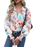 Womens Button Down Shirts Smocked Cuffed Blouses Printed Lantern Shirt Long Sleeve Tops Casual Collar Business Fashion