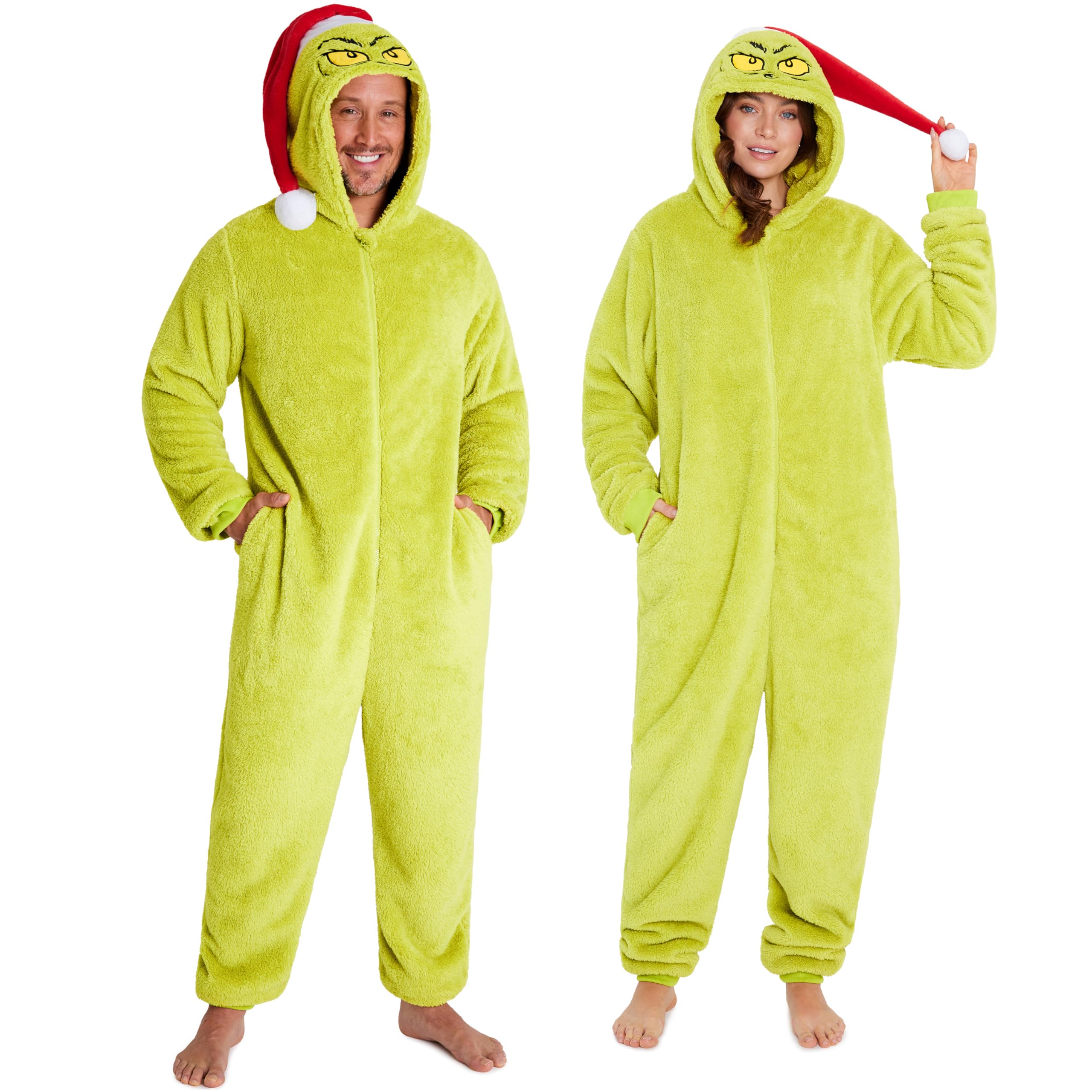 The Grinch Pigiama Intero Adulti Bambini, Famiglia Corrispondente Tuta Intera Cappuccio Cappello Babbo Natale, Regali Natalizi