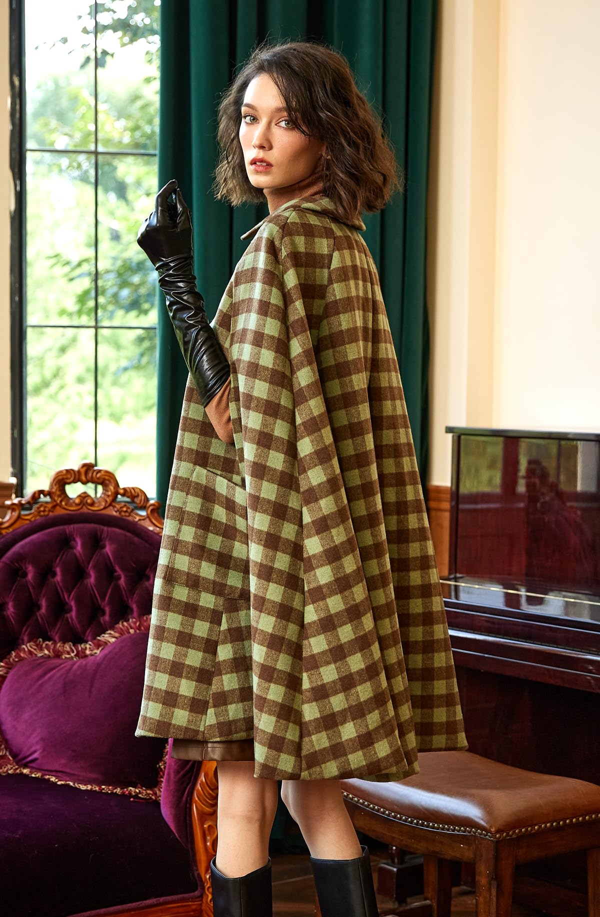 BEAUTELICATE Umhang Poncho Damen Wollmischung Umhang Mantel Bubikragen Poncho Cape mit Ärmelnähte Winddicht Leoparde Wintermantel mit Taschen Herbst Winter für Hochzeit Halloween Weihnachten