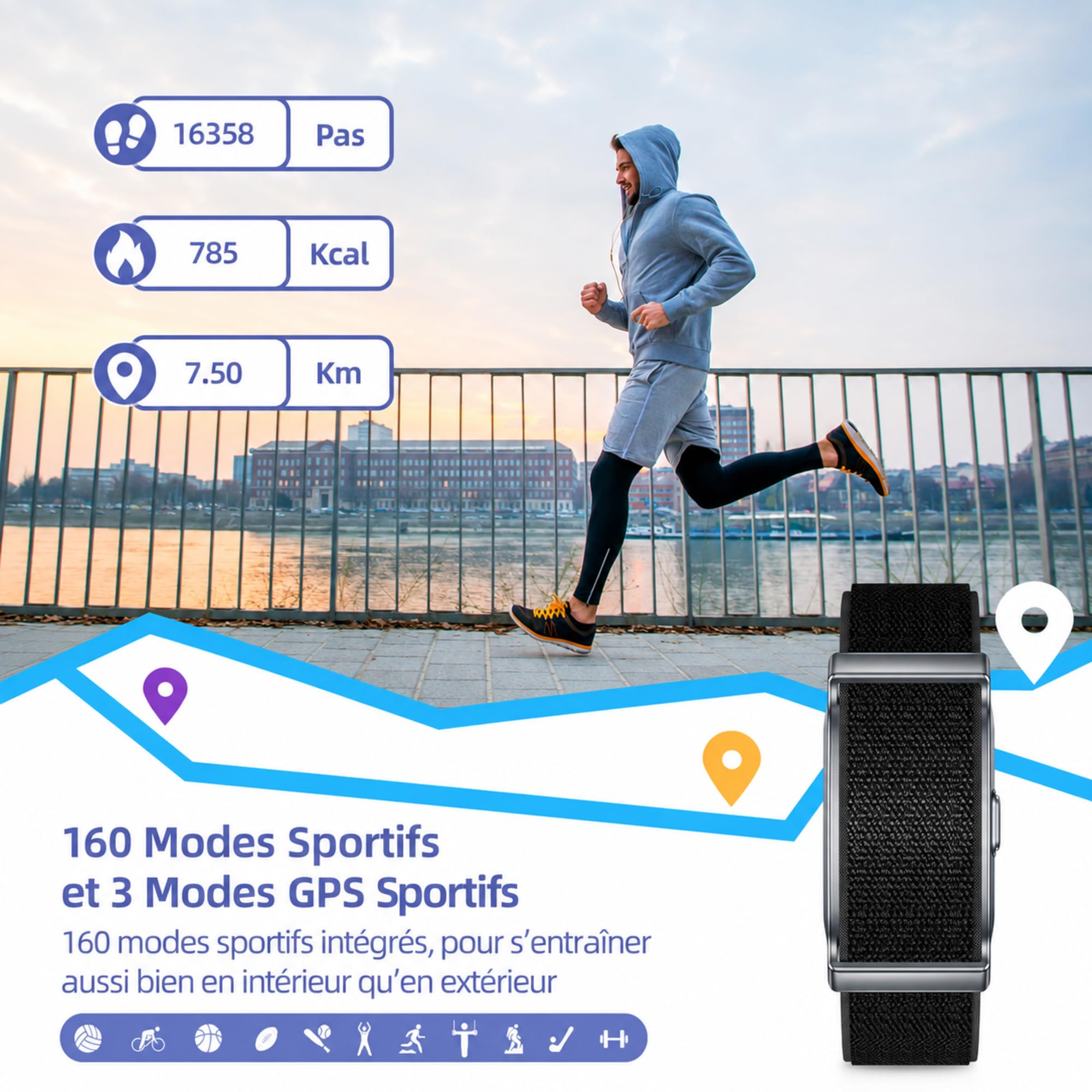 Fitness Tracker​, IP68 Bracelet Santé Connectée Homme Femme | 160+Sport, Rapport Santé l'IA, Surveillance 24h-Fréquence Cardiaque/SpO2/Stress/Sommeil, Appel/SMS Notification, APP Gratuite