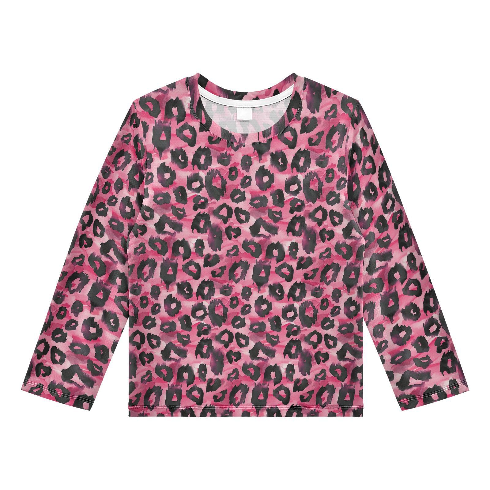 Pink Leopard Pattern Boys Rash Guard Swim Shirts Long Sleeve UPF 50+ Quick Dry Sun Protection Shirt Swimwear Surf Tops for Toddler Kid Girl Fishing Swimming Outdoor 7-8T