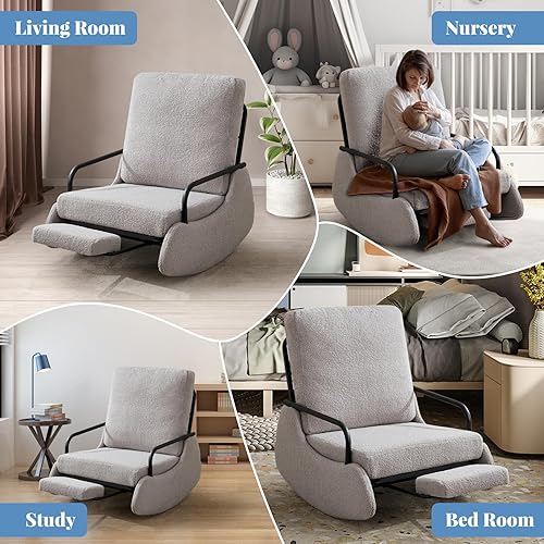 Miniatura 4 de Silla mecedora tapizada de peluche, silla moderna con acento acolchado con respaldo alto, cómoda silla auxiliar para guardería, sala de estar,