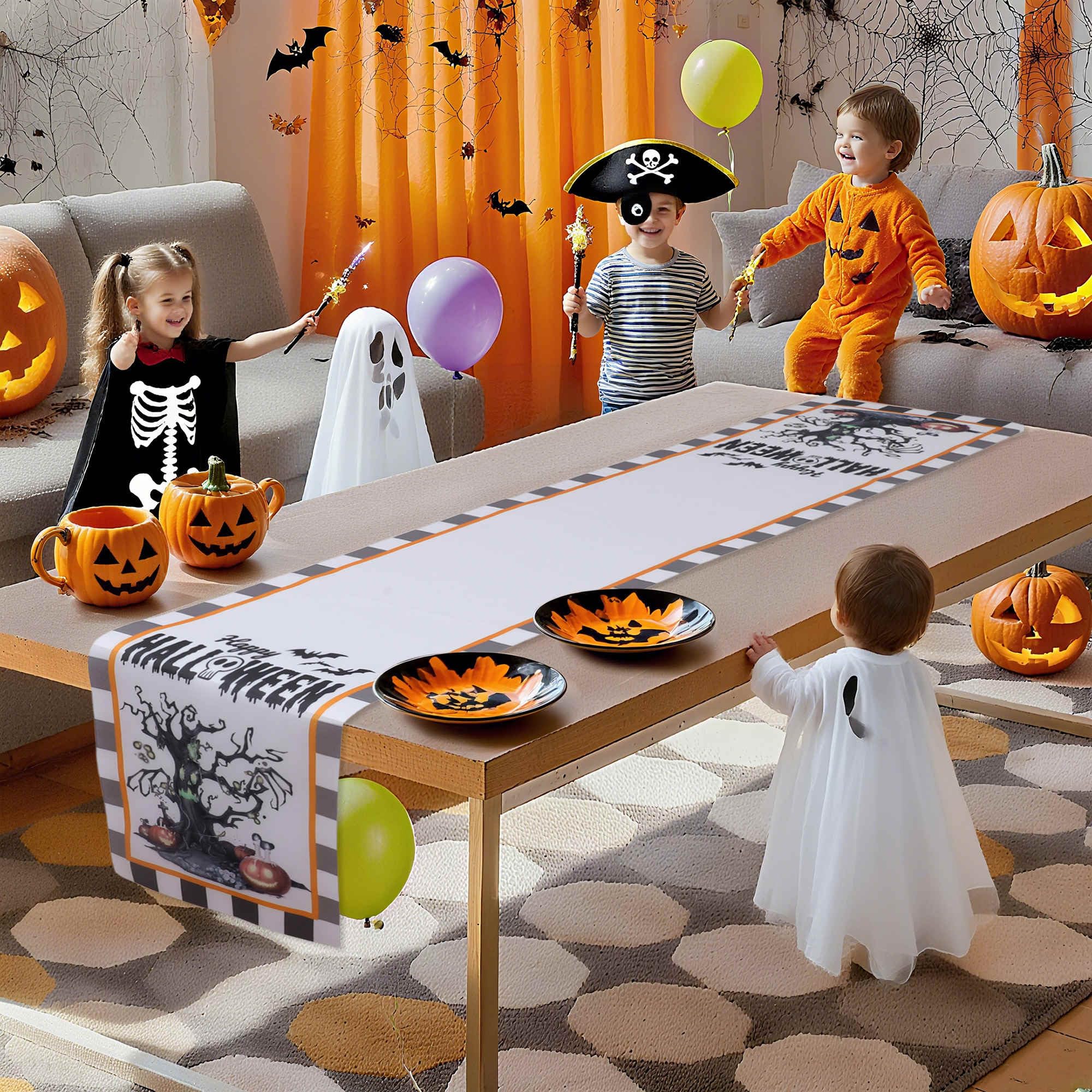 Gyrodymix Table Runners Halloween Tree Pumpkin Table Runner for Home Kitchen Dining Table Party Decorations Multicolor - Image 3