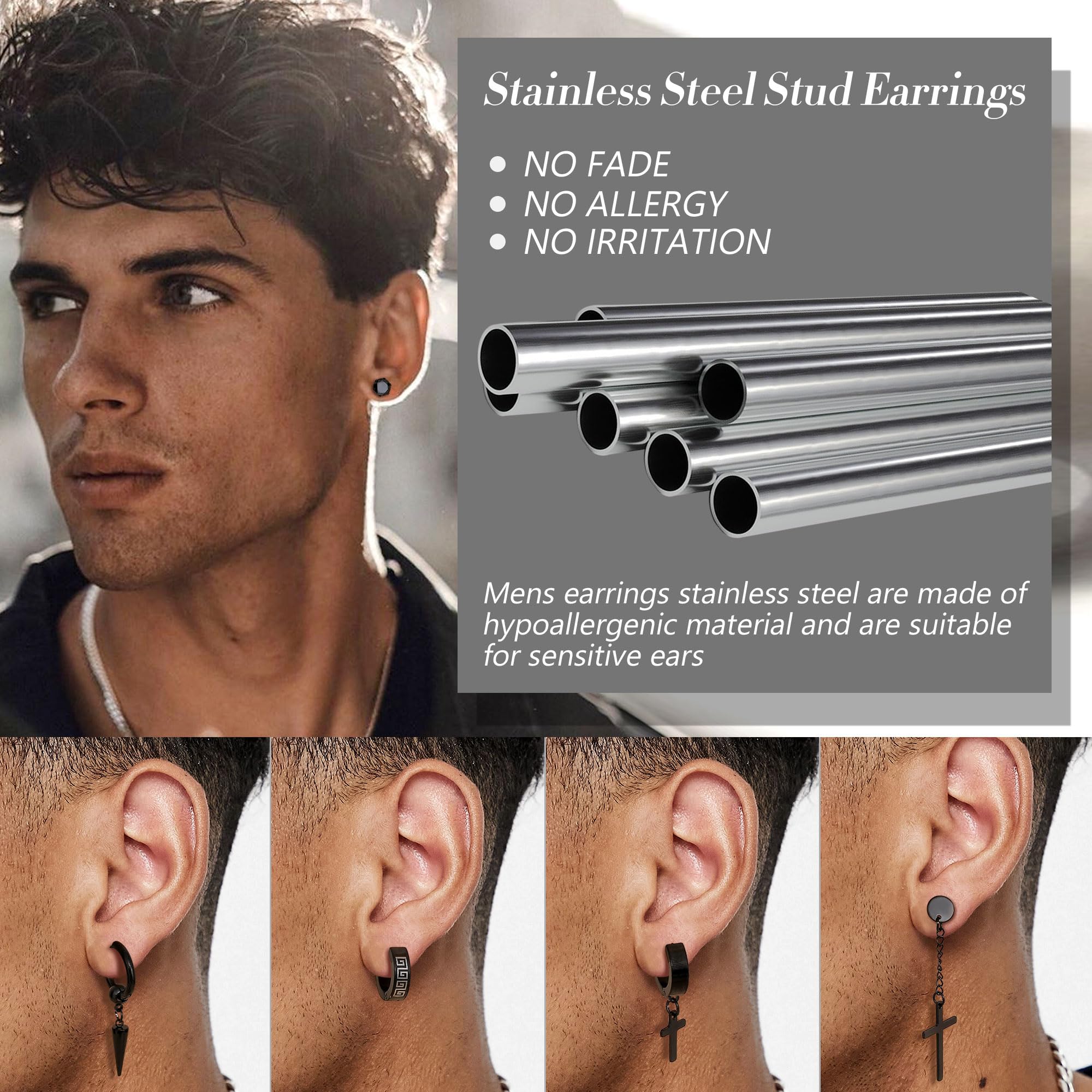 Dochais Orecchini Uomo Acciaio Inossidabile Orecchini a Cerchio Orecchini Pendenti con Croce Piercing Cartilage Zirconi Orecchini Set Punk Orecchino Nero per Uomo Donna
