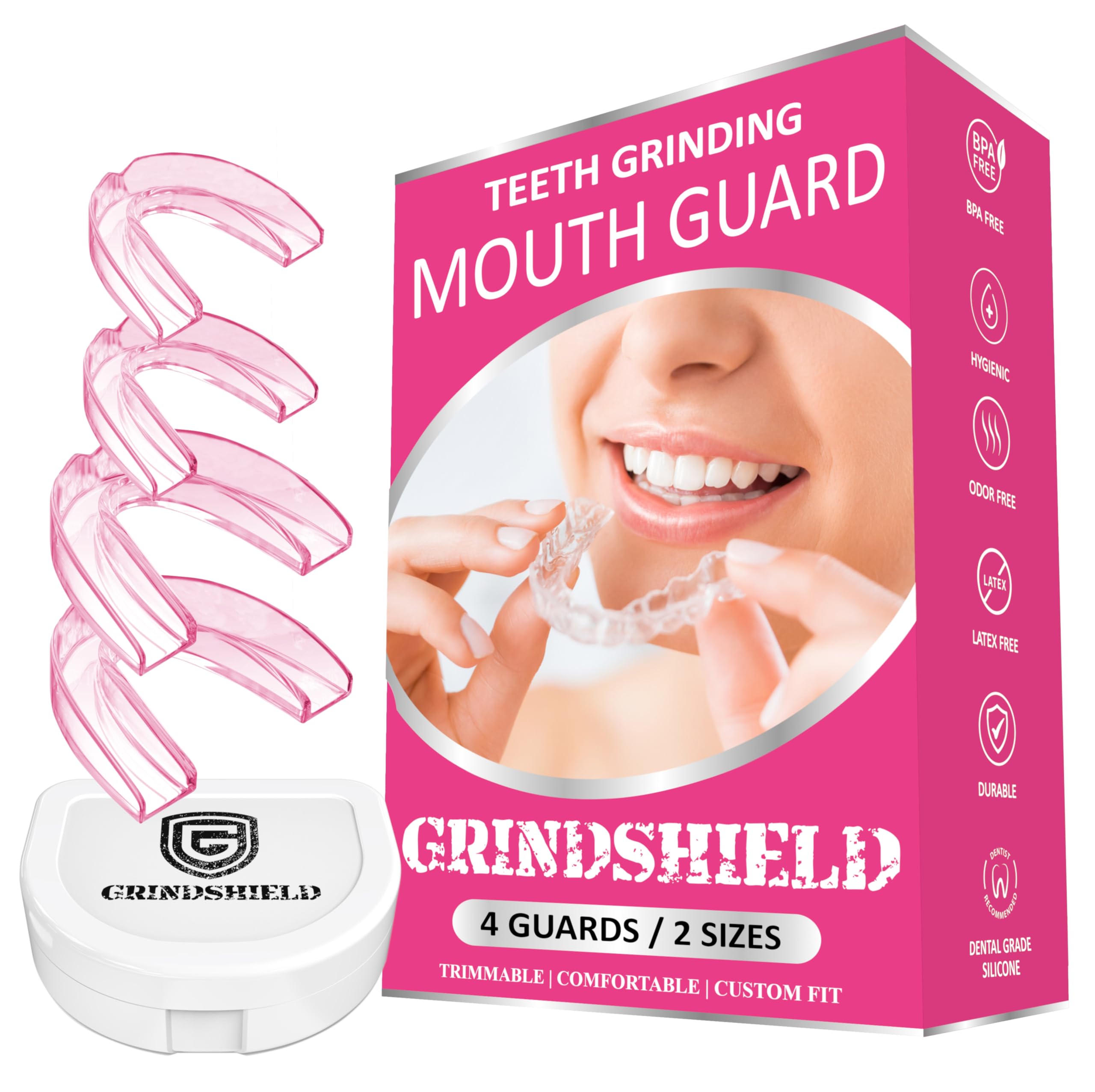 GRINDSHIELD Mouth Guard for Teeth Grinding – 2 Sizes, Custom Fit, Non-Bulky, Moldable – (4) Mouth Guards for Teeth Clenching & Case – Mouth Nightguard for Bruxism at Night, Dental Guard