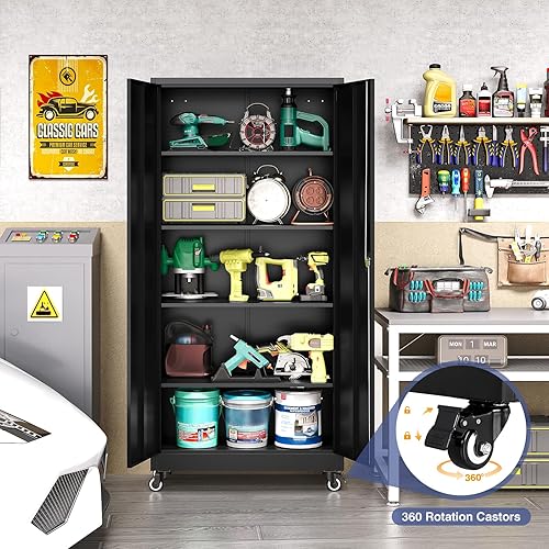 Vista 143 de Gabinete de metal de 72 pulgadas, armario de almacenamiento con bloqueo con 2 puertas y 5 estantes ajustables, gabinete de herramientas de acero