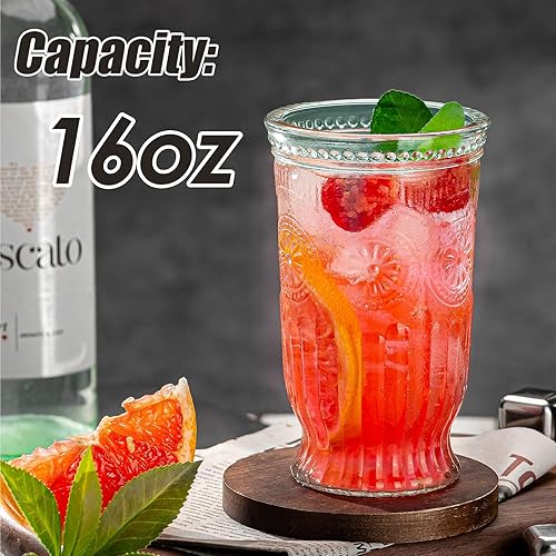 Miniatura 2 de Vasos para beber vintage, 6 vasos altos con diseño en relieve, vasos de vidrio de 16 onzas, vaso alto de vidrio de agua, taza de mojito, vaso de