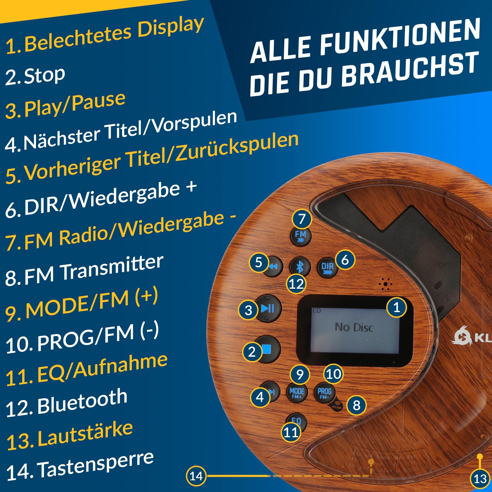 KLIM Discover + Tragbarer CD-Player Walkman mit langlebigem Akku + Mit Kopfhörern + Radio FM + Kompatibler MP3-CD-Player + SD-Karte, FM-Transmitter, Bluetooth + Ideal für Autos + Portable CD Player