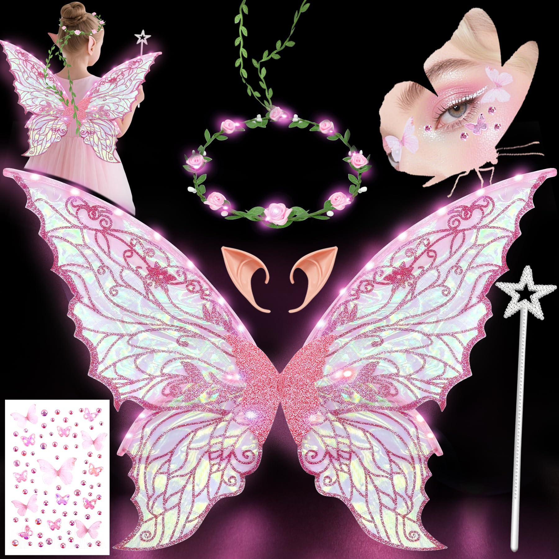 YeahBoom Fairy Wings LED Luminous with Elf Ears LED Fairy Headband and Star Wands Butterfly Wings Costume for Carnival Party