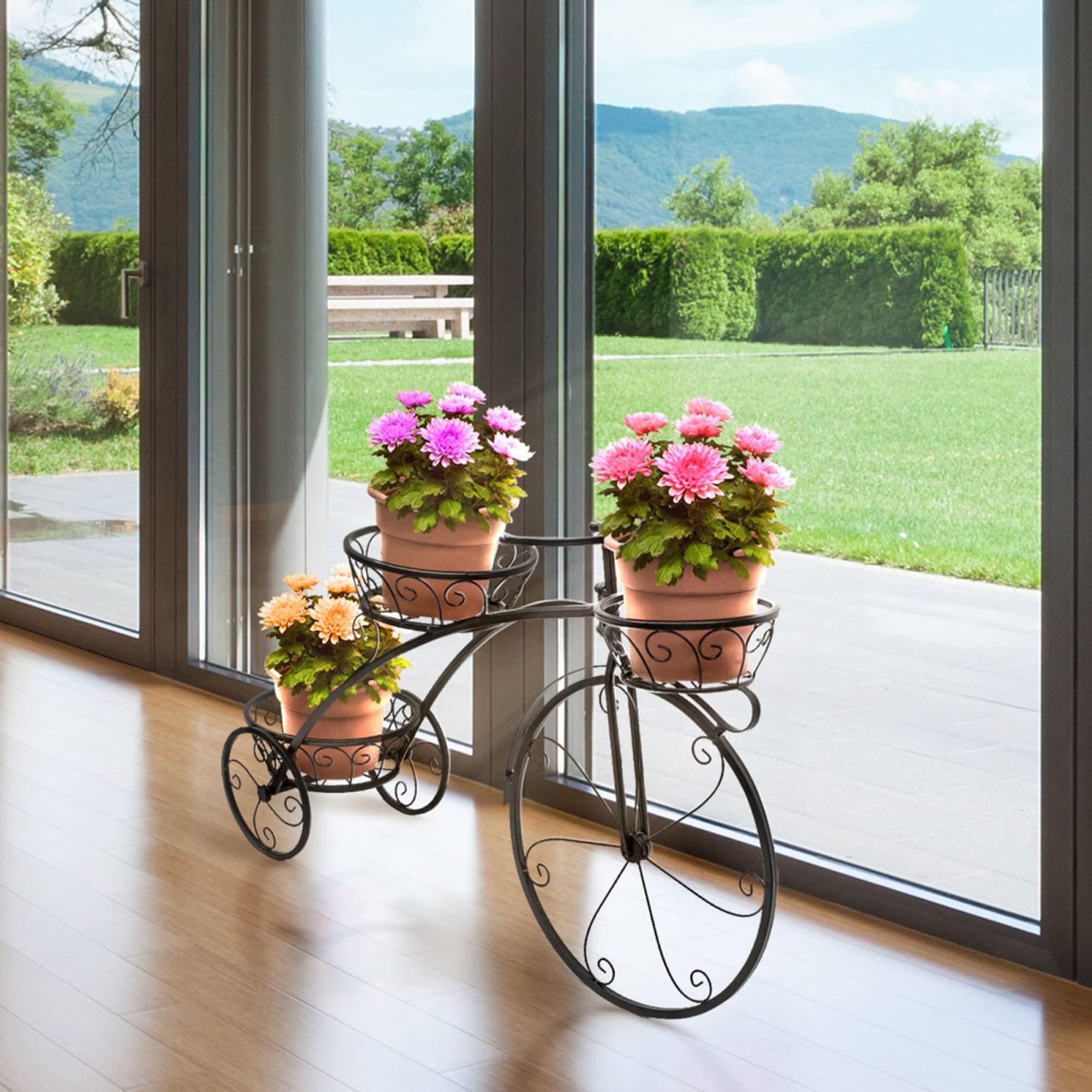 Soporte Para Plantas Con Forma De Bicicleta Retro - De Metal Con 3 Ruedas, Ideal Para Terraza, Jardín O Balcón