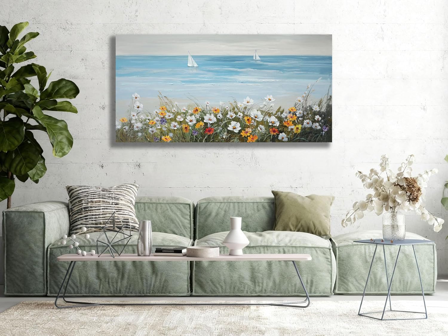 Ardemy Daisy Wall Art for Living Room, Floral Canvas Wall Art Ocean Flower Pictures Paintings Wall Decor Living Room Wildflower Artwork Dining Room Home Office Kitchen, 40"x20" 40"L x 20"W Blue seascape