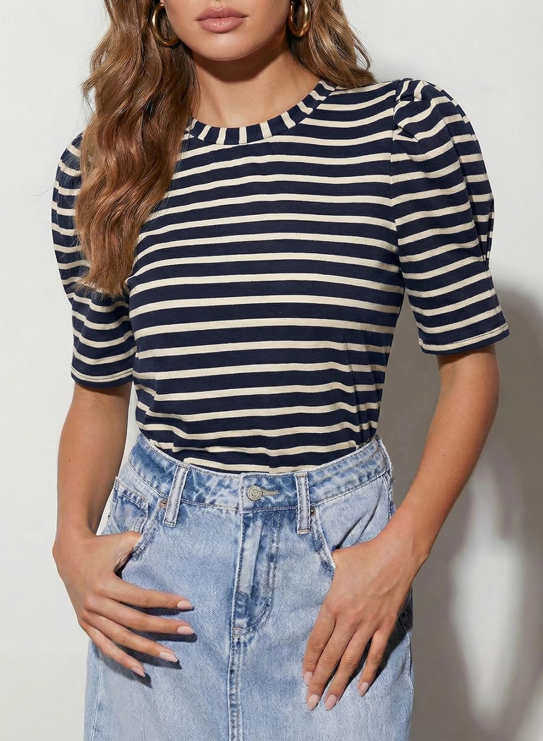 Dokotoo Women's Casual Short Puff Sleeve Crew Neck Striped T Shirts Summer Tops - Image 3