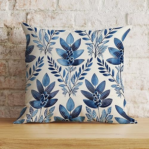Indigo Blue Trellis Throw Pillow Case Japanese Cushion Cover 22x22in Decorative Pillow Home Cotton Linen Elegant Pillow Cover for Bedroom Living