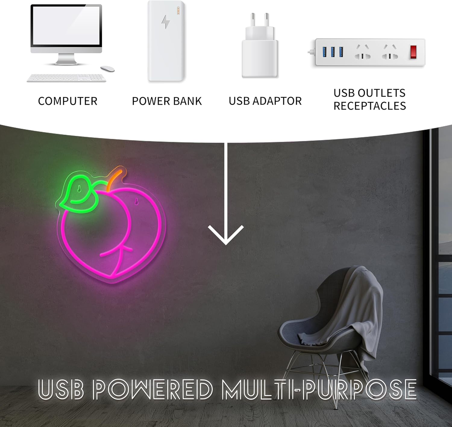 Pink Peach Neon Signs, LED Lights for Wall Decor, USB Powered Bedroom, Kids Room, Game Room, Bathroom Decor, Birthday Party Gifts