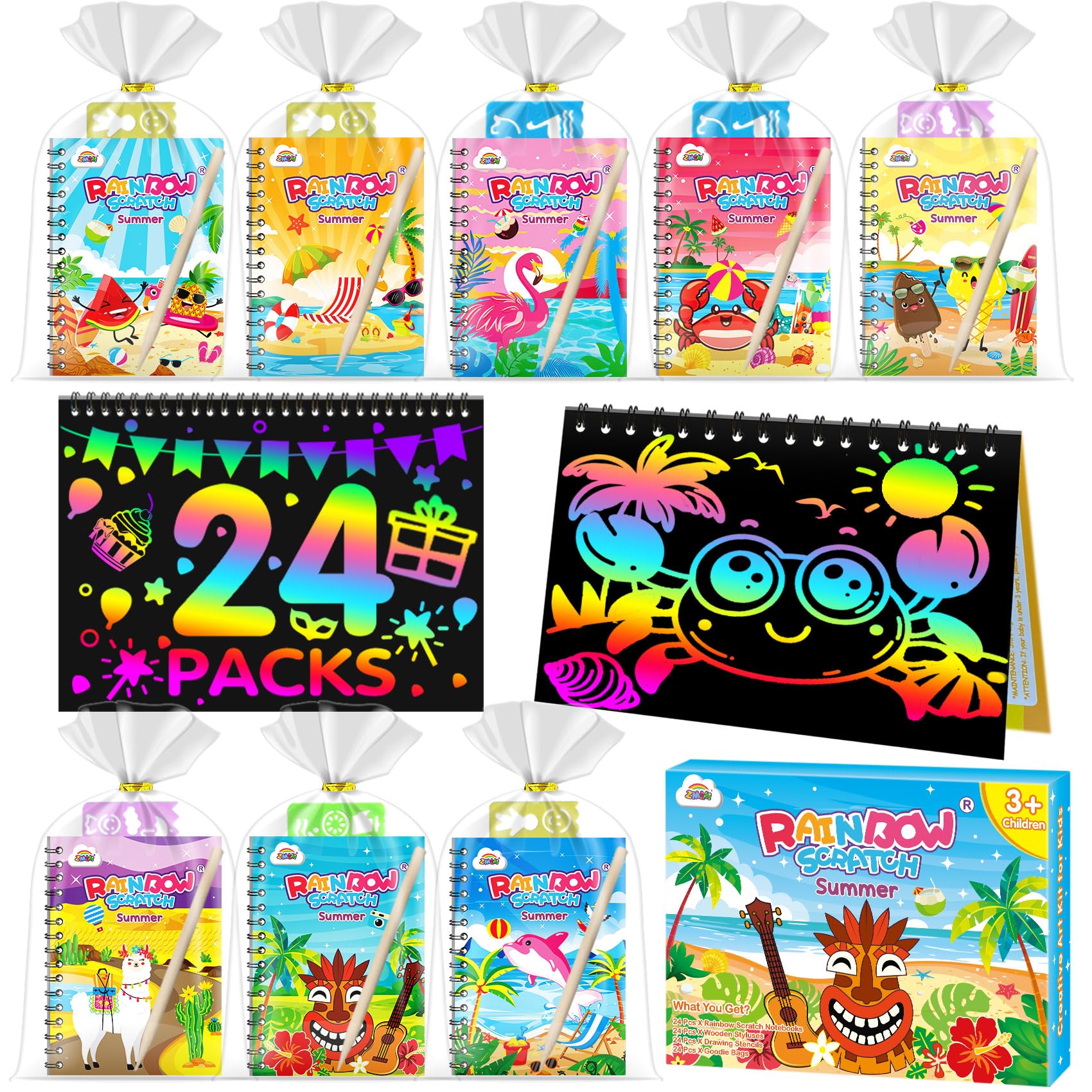 ZMLM Libri Scratch Art Bambini Regalini Kit Disegno, Fogli Arcobaleno Craft Notebook con Stilo Stencil Scratch Libri Painting Paper per regalini fine Festa Compleanno Bambini (24PCS Estate)