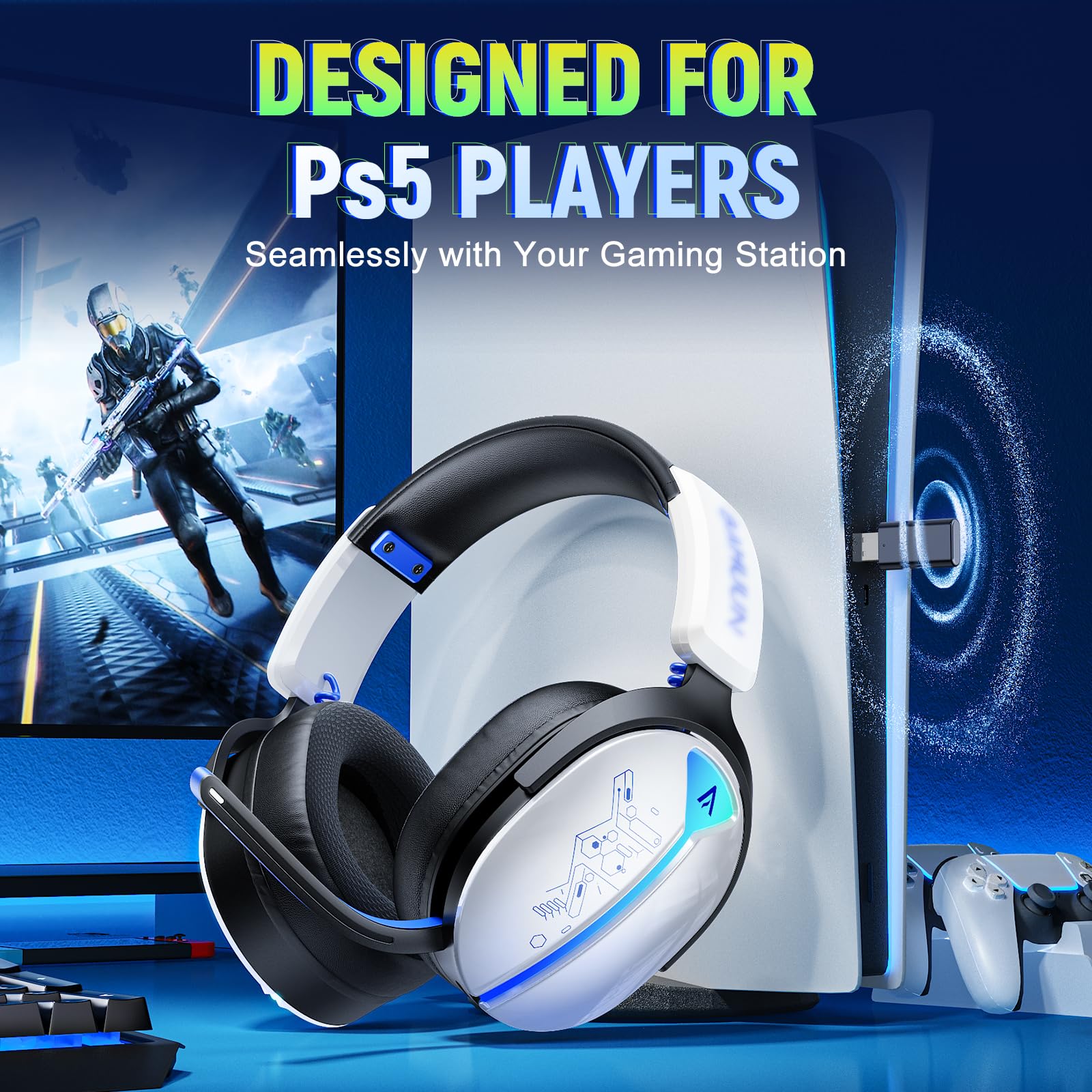 Wireless Gaming Headset, Ps5 Headset for PC Ps5 Ps4 Switch, 2.4GHz Lossless Audio Gaming Headsets, Bluetooth 5.3 Gaming Headphone with Noise Canceling Mic & 40H Battery, RGB Light - 3