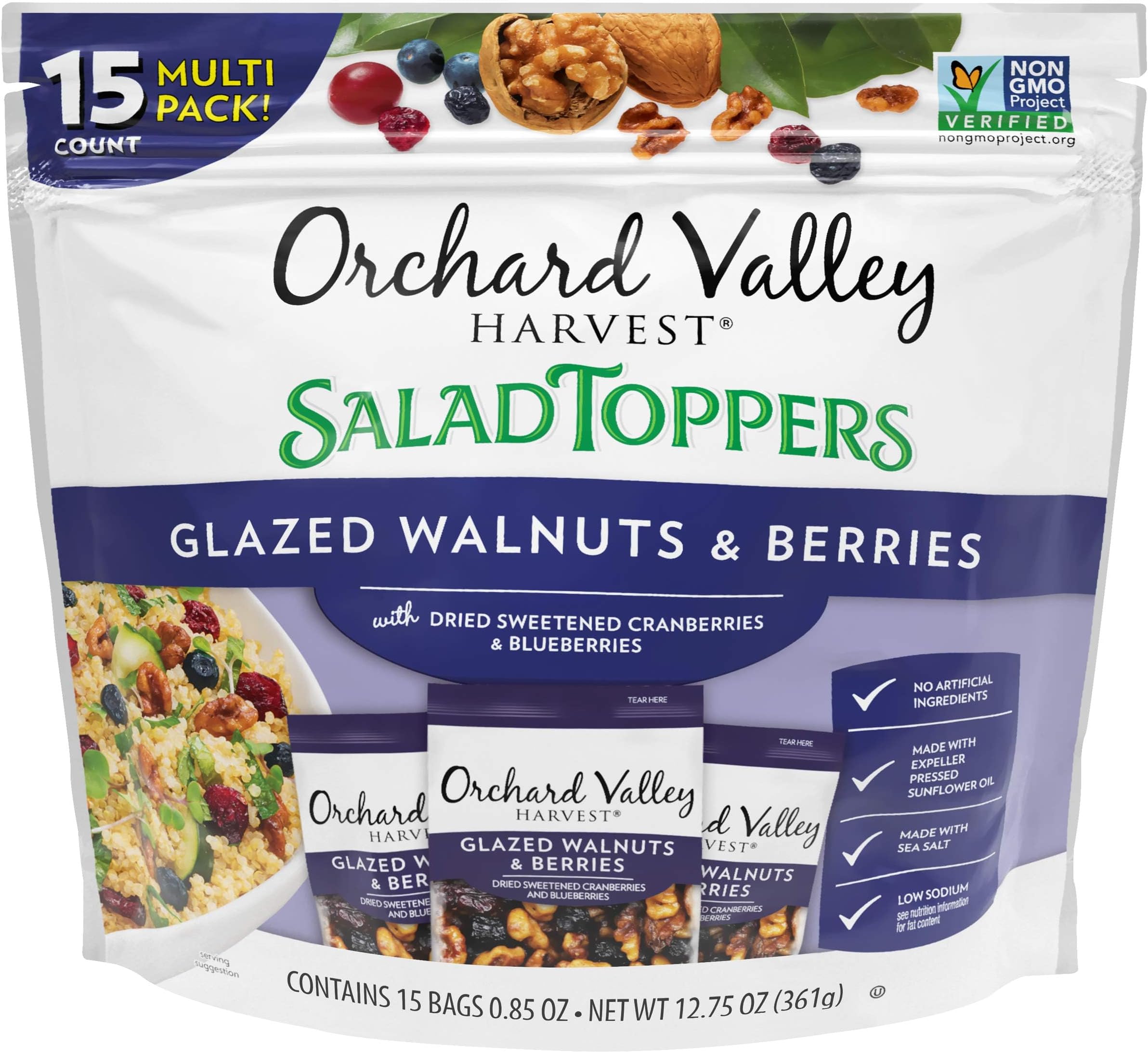 Orchard Valley Harvest Glazed Walnuts and Berries Salad Toppers, 0.85 Ounce Bags, Non-GMO, No Artificial Ingredients 15 Count (Pack of 1)