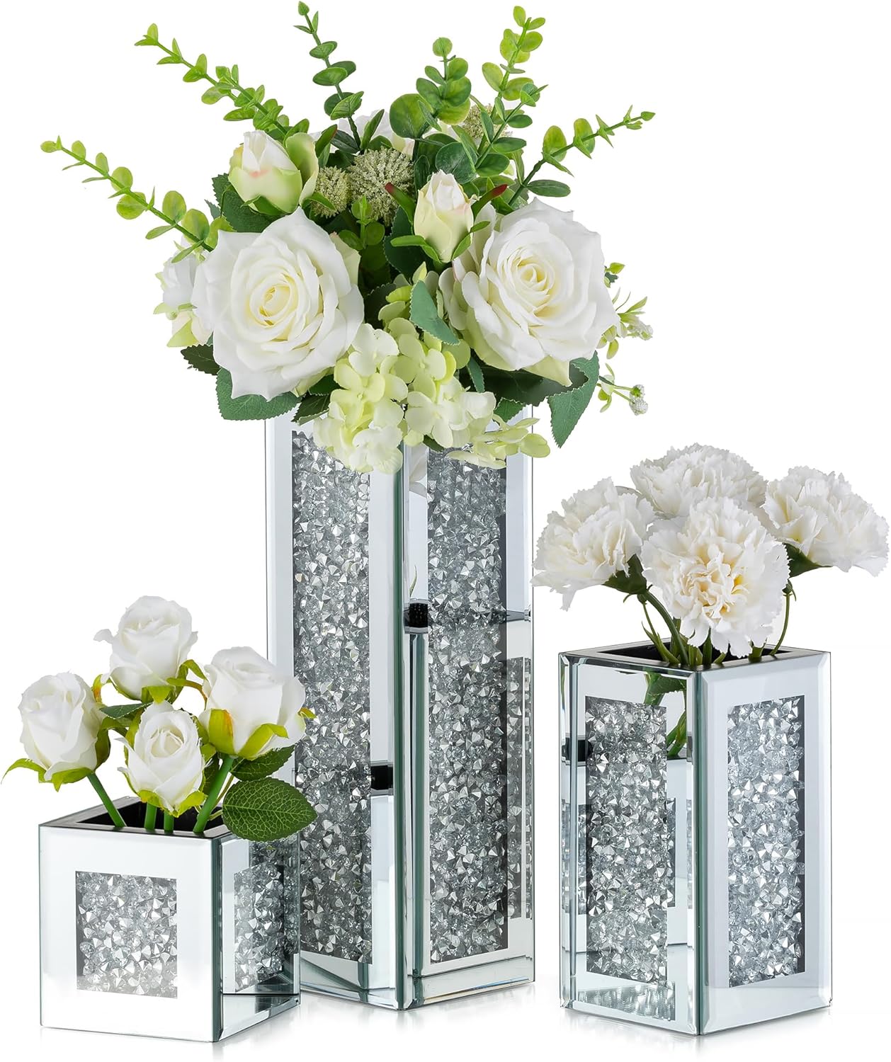Silver Rectangle Glass Vases for Decor: Hewory Tall Crushed Diamond Mirror Vase for Centerpieces - Large Decorative Mirrored Containers for Dried Flowers, Bling Big Crystal Vases for Home Decoration