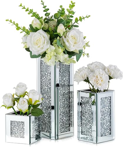 Hewory Crushed Diamond Vase: 3PCS Silver Rectangle Glass Vases for Flowers | Tall Mirrored Centerpiece for Home Decor, Bling Big Crystal Containers for Dried Flowers, Large Bottle, Glitter Accessories