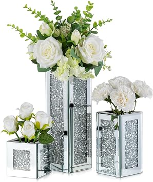 Silver Rectangle Glass Vases for Decor Hewory Tall Crushed Diamond Mirror Vase for Centerpieces - Large Decorative Mirrored Containers for Dried Flowers, Bling Big Crystal Vases for Home Decoration